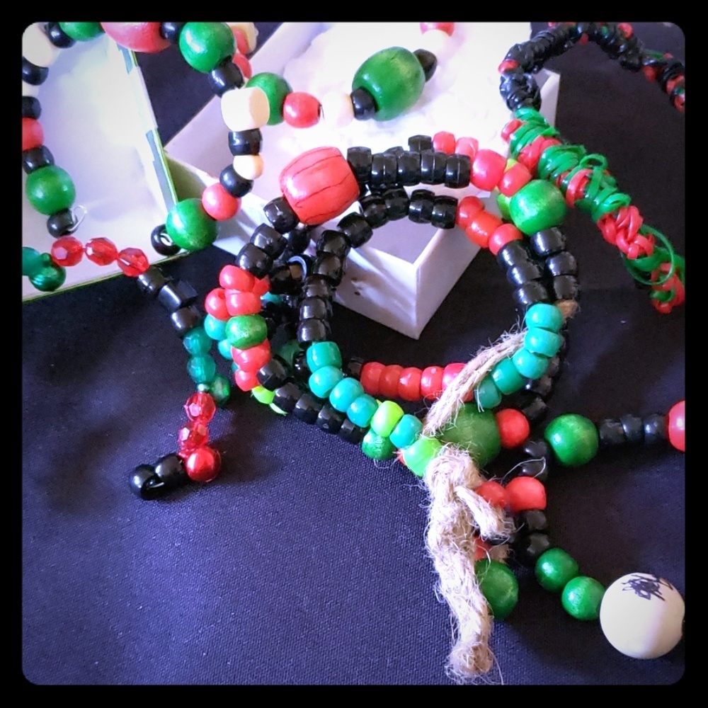 Wooden bead bracelets and burlap bracelets and or.
